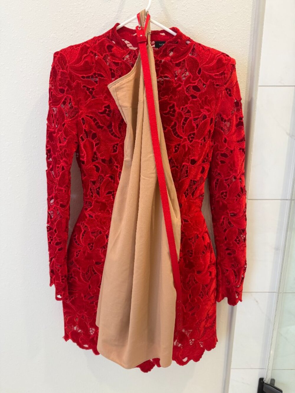 NADINE MERABI Red Floral Lace Long-Sleeve Mini Dress - Picture 4 of 6